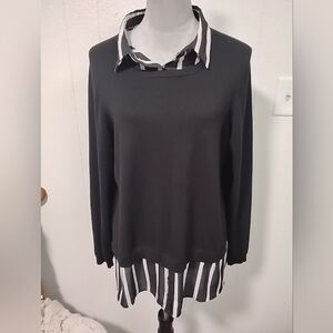 Adrianna Papell Collared Long Sleeve Twofer Viscose Top XL Preppy Y2k Style